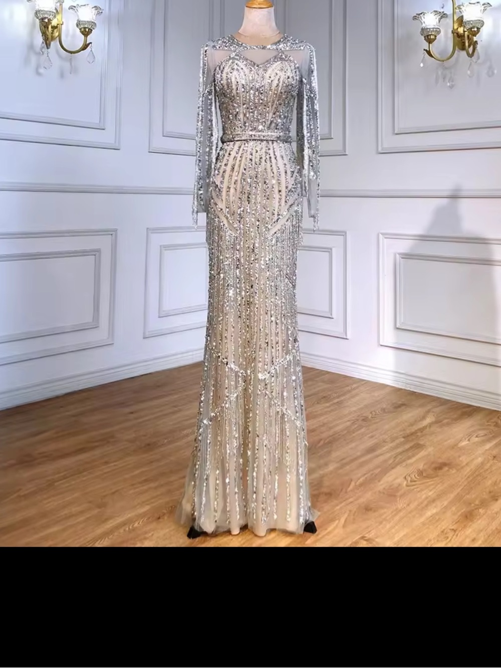 Elegant Silver-Beaded Evening Gown size 14 but fits size 8-10